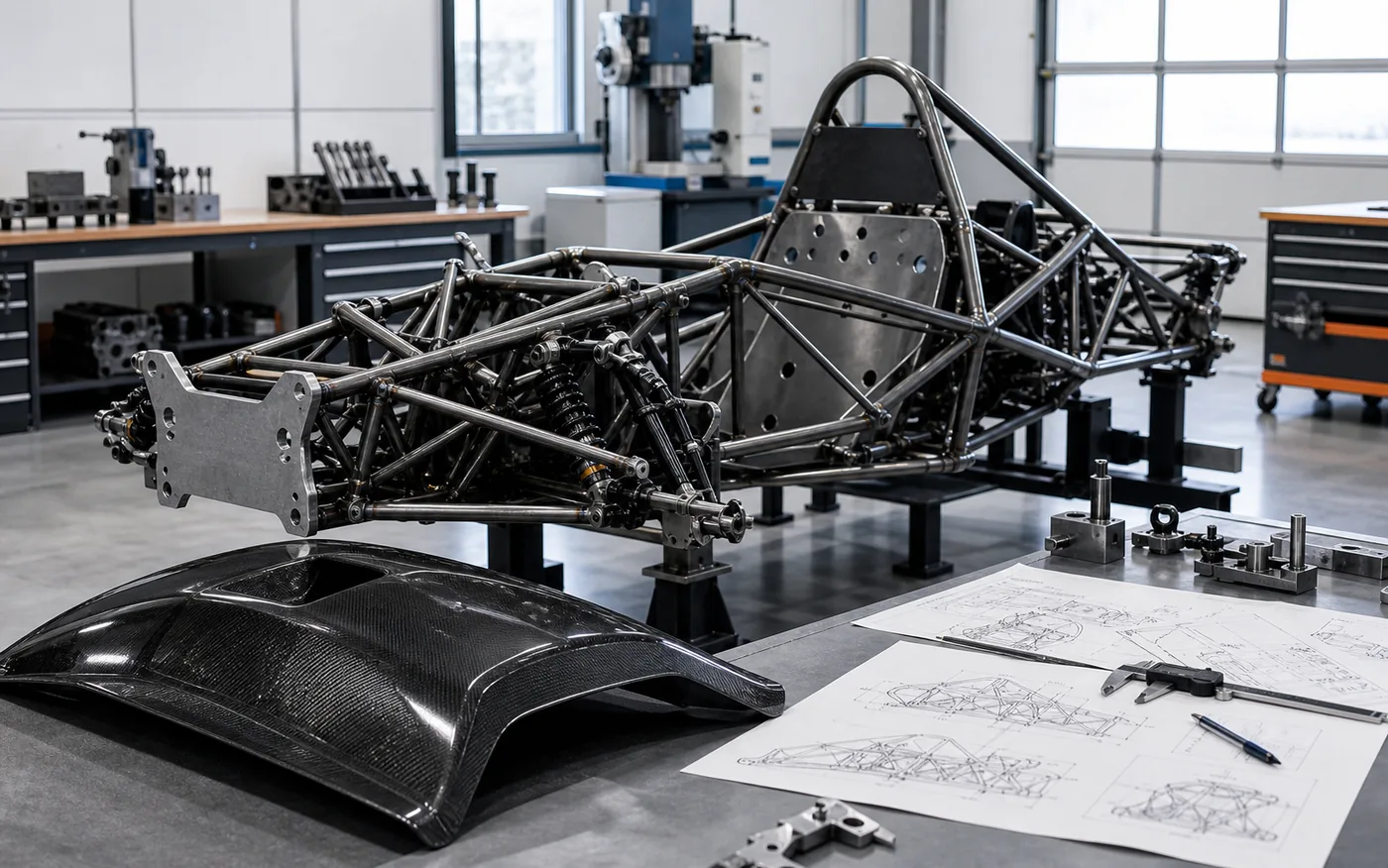 Atelier de prototypage automobile avec châssis tubulaire et pièce composite
