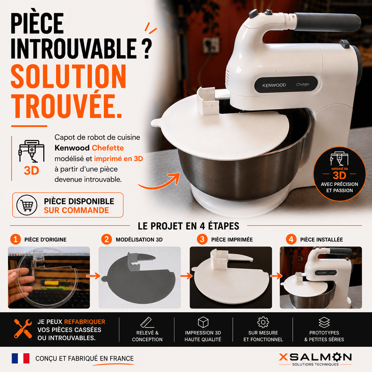 Recréation en impression 3D d’un capot cassé pour un robot de cuisine Kenwood Chefette
