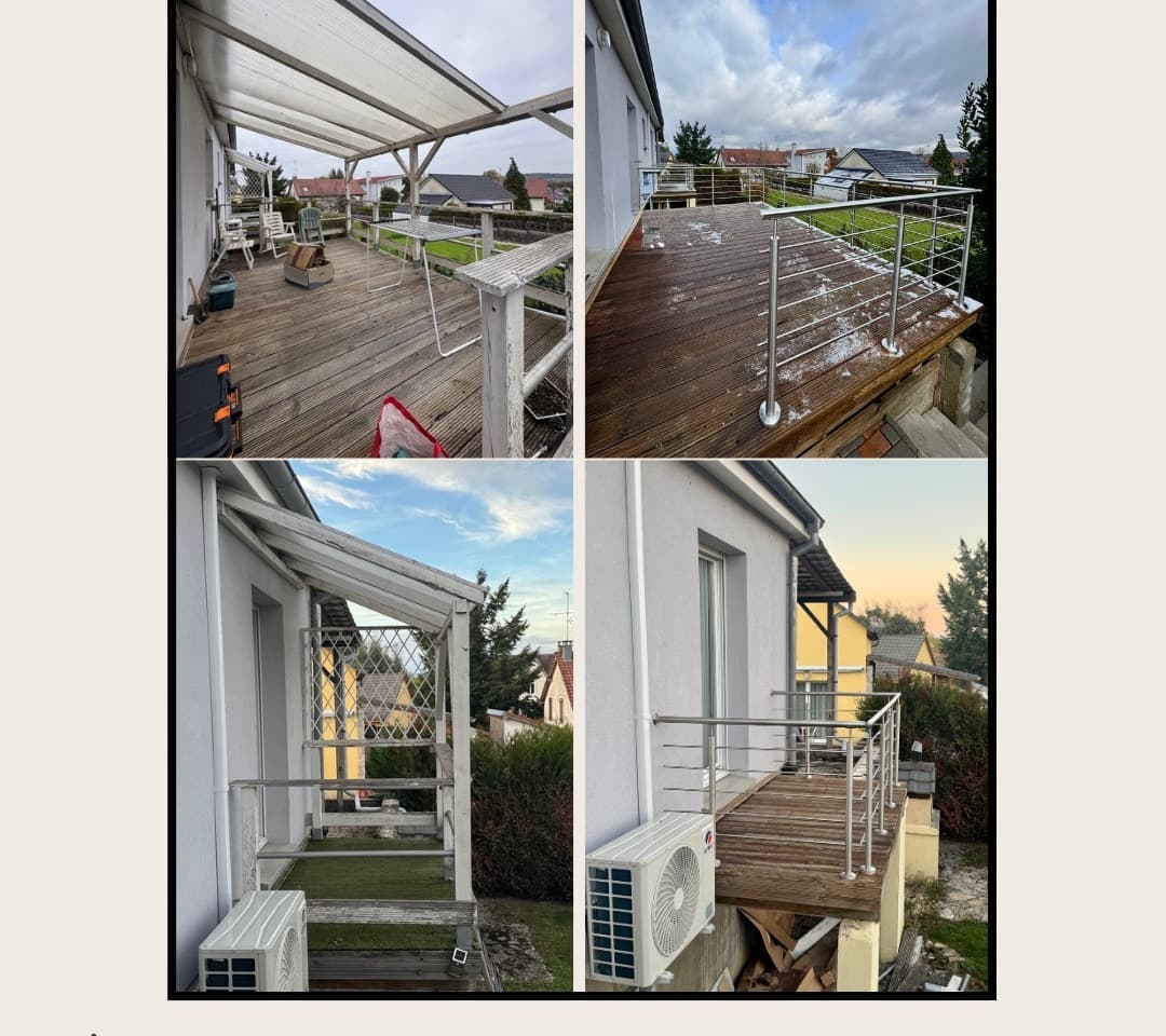 Terrasse avec garde-corps en inox installé et fixé sur mesure