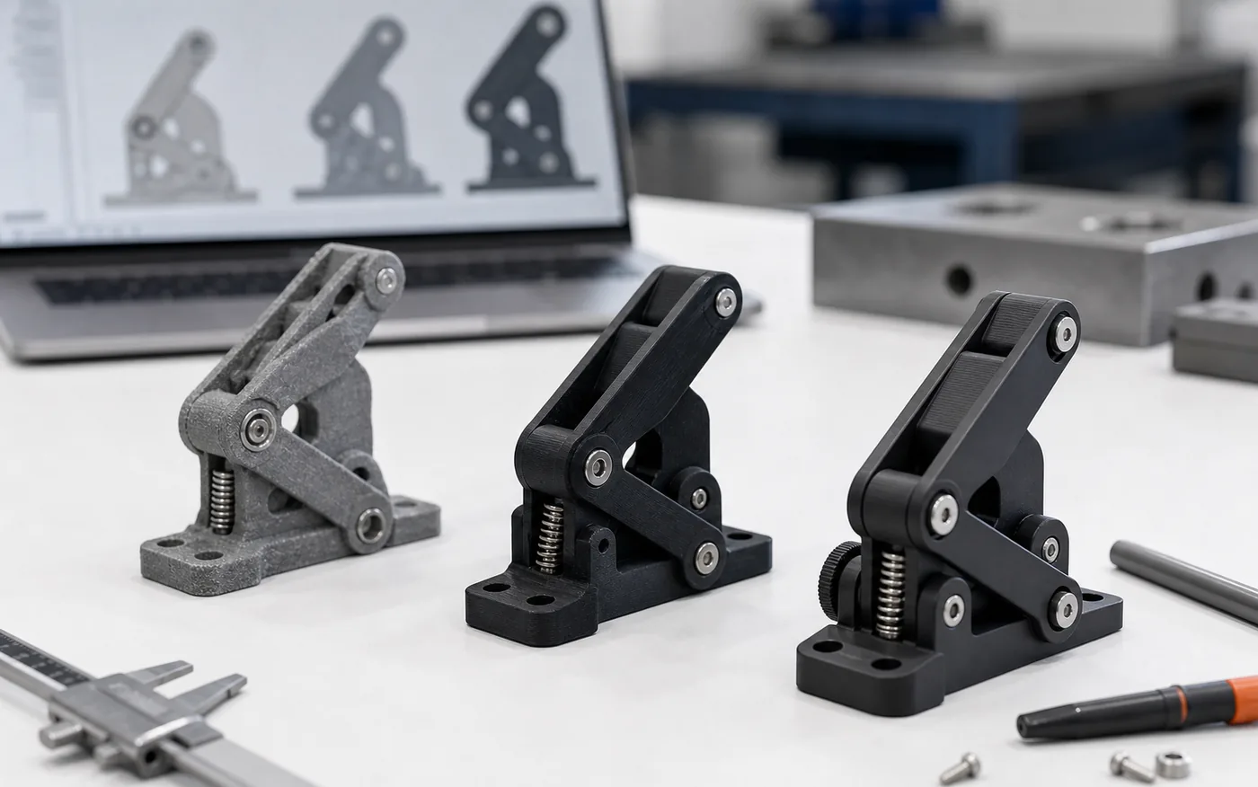 Trois prototypes mécaniques réglables alignés pour valider une cinématique